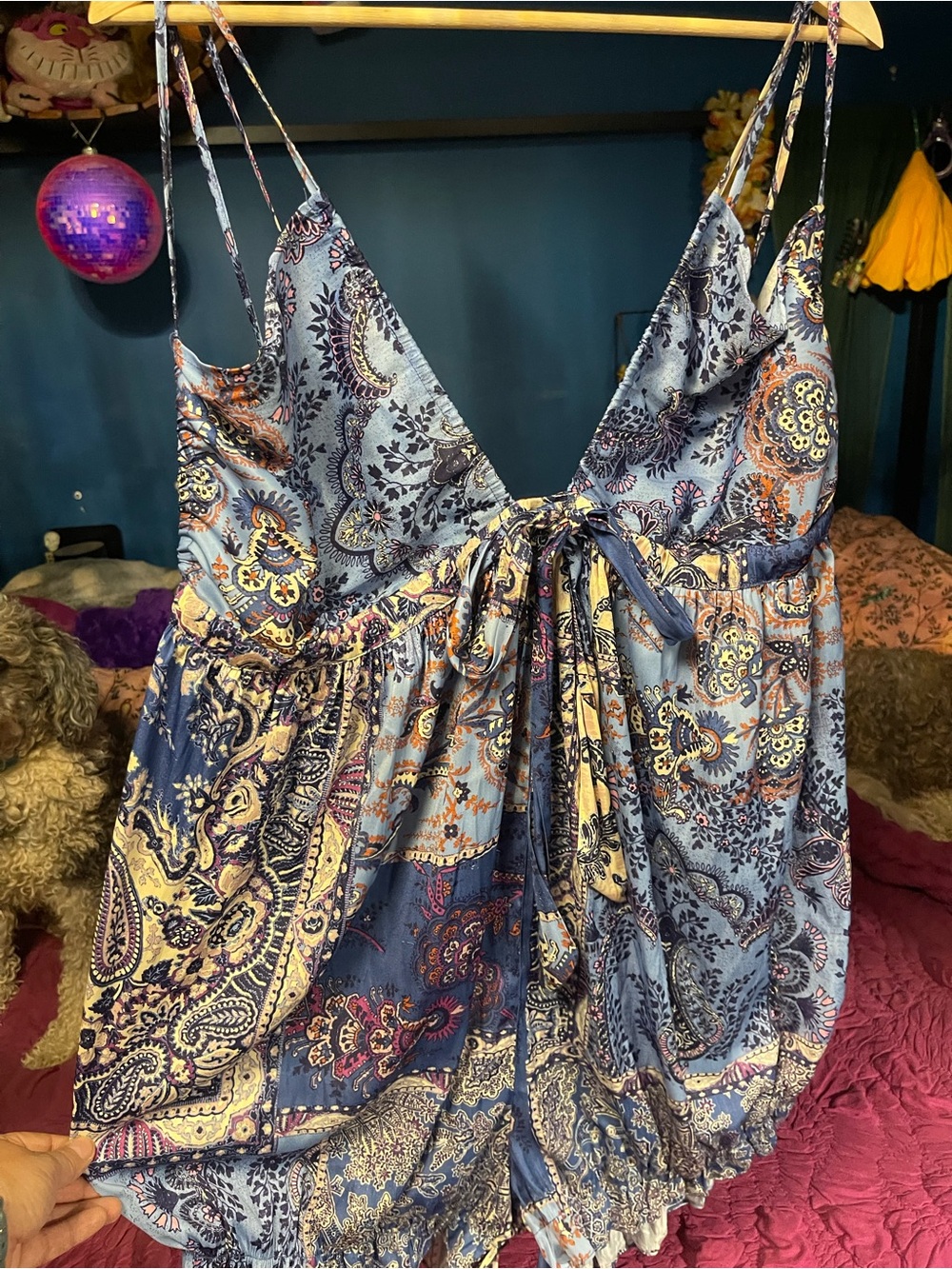 Free People Light Blue Paisley Tie-Front Romper